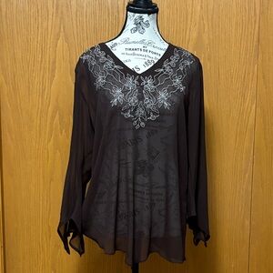 Ninety Dark Brown Floral Embroidered Blouse